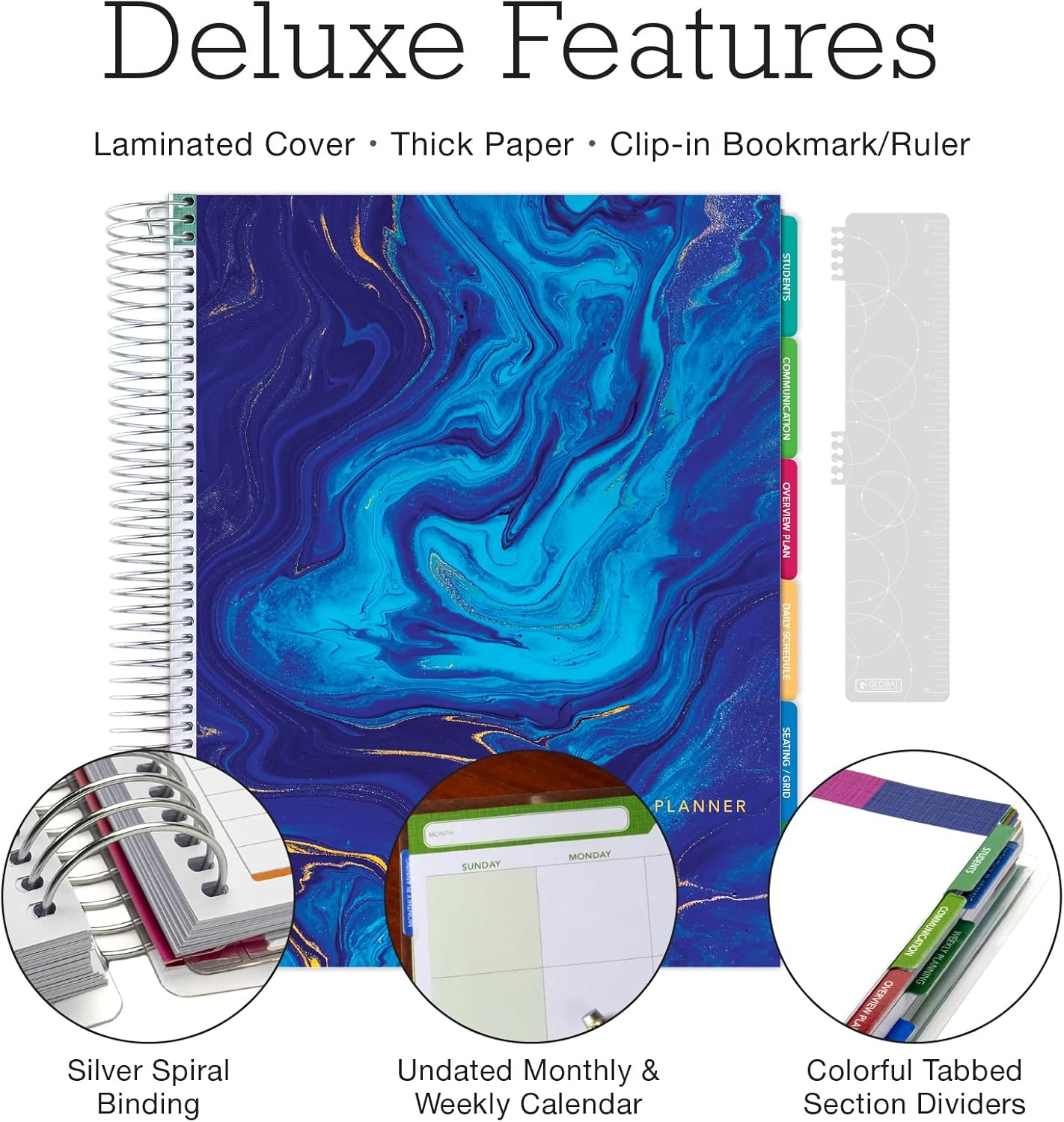 Elan Publishing Company DELUXE Undated Teacher Planner: 8.5x11 Includes 7 Periods, Page Tabs, Bookmark, Planning Stickers, Pocket Folder Daily Weekly Monthly Planner Yearly Agenda (Dark Blue Marble)