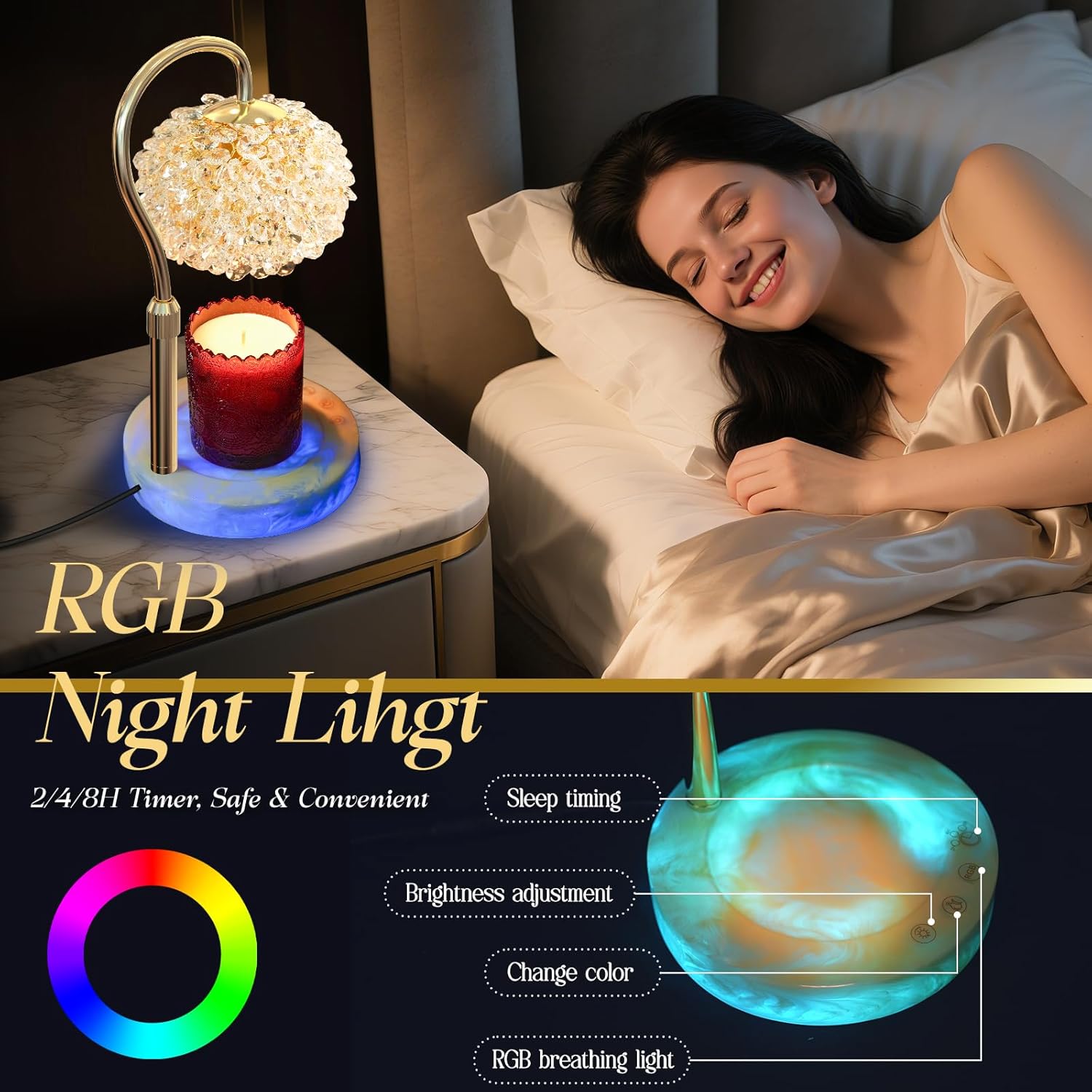 Candle Warmer Lamp with RGB Lighting - Dimmer Electric Candle Lamp Warmer Crystals Lampshade,Adjustable Height Wax Warmer Lamp with 2 Bulbs for Jar Candles,Gifts for Mom Womens(White)