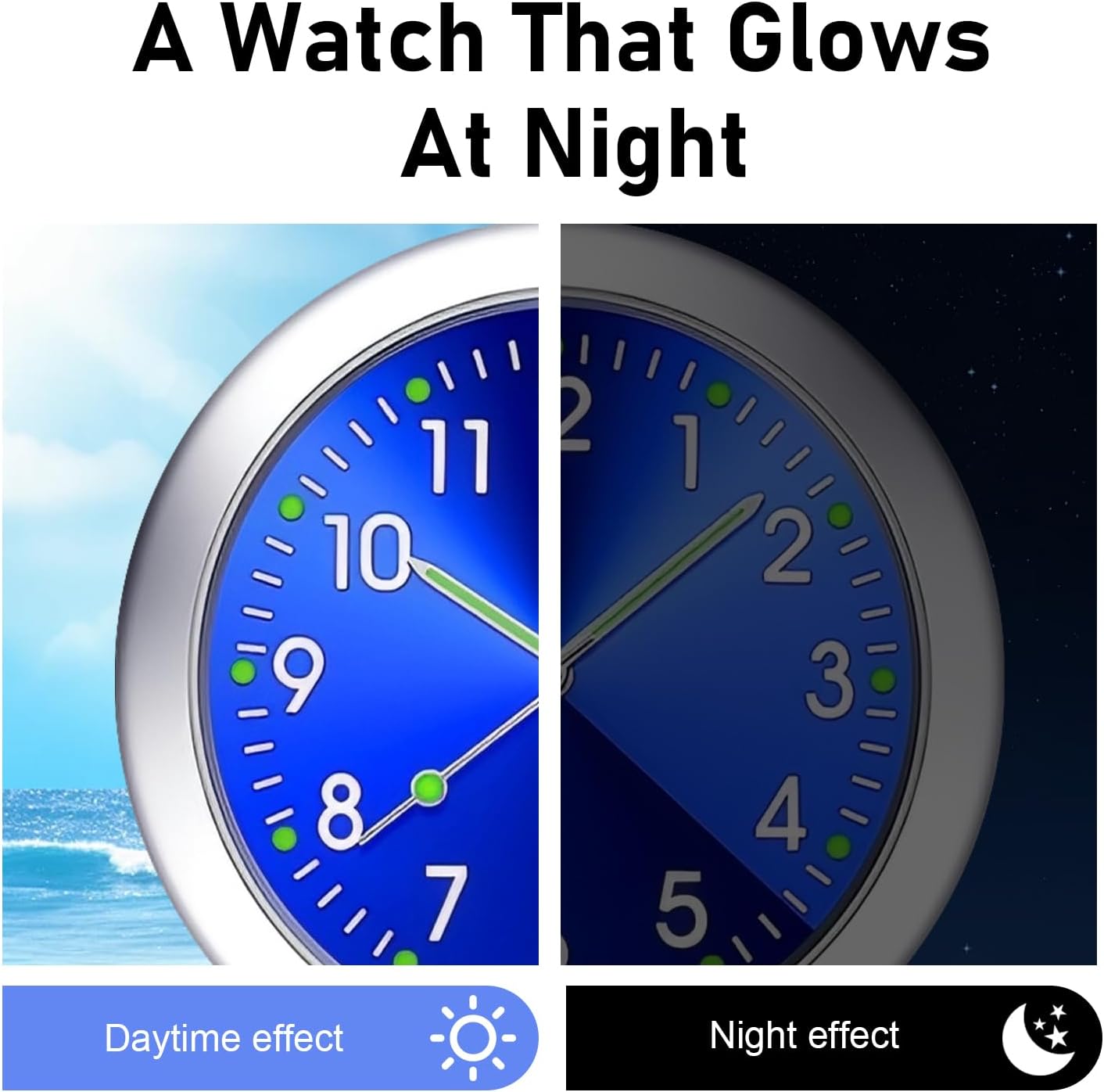 2PCS Stick on Car Dashboard Clock, Alloy Luminous Center Console Clock, Self-Adhesive Mini Tiny Car Time Display, Universal for Most Vehicles Home Desk (Black & Blue)