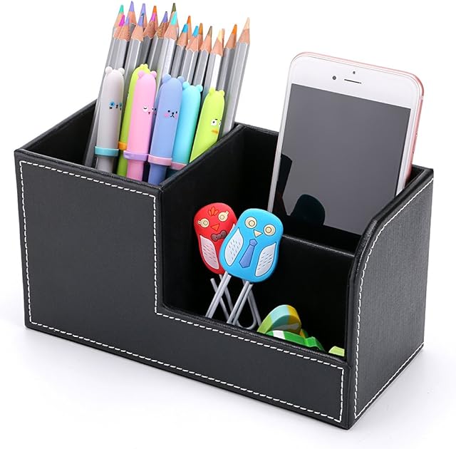 BTSKY Office Multi-functional Pu Leather Desk Organiser - 3 Compartment Pencil Holder Desk Tidy Business Card Pen Mobile Phone Controller Holder Storage Box, Cosmetics Organizer Storage Box (Black)