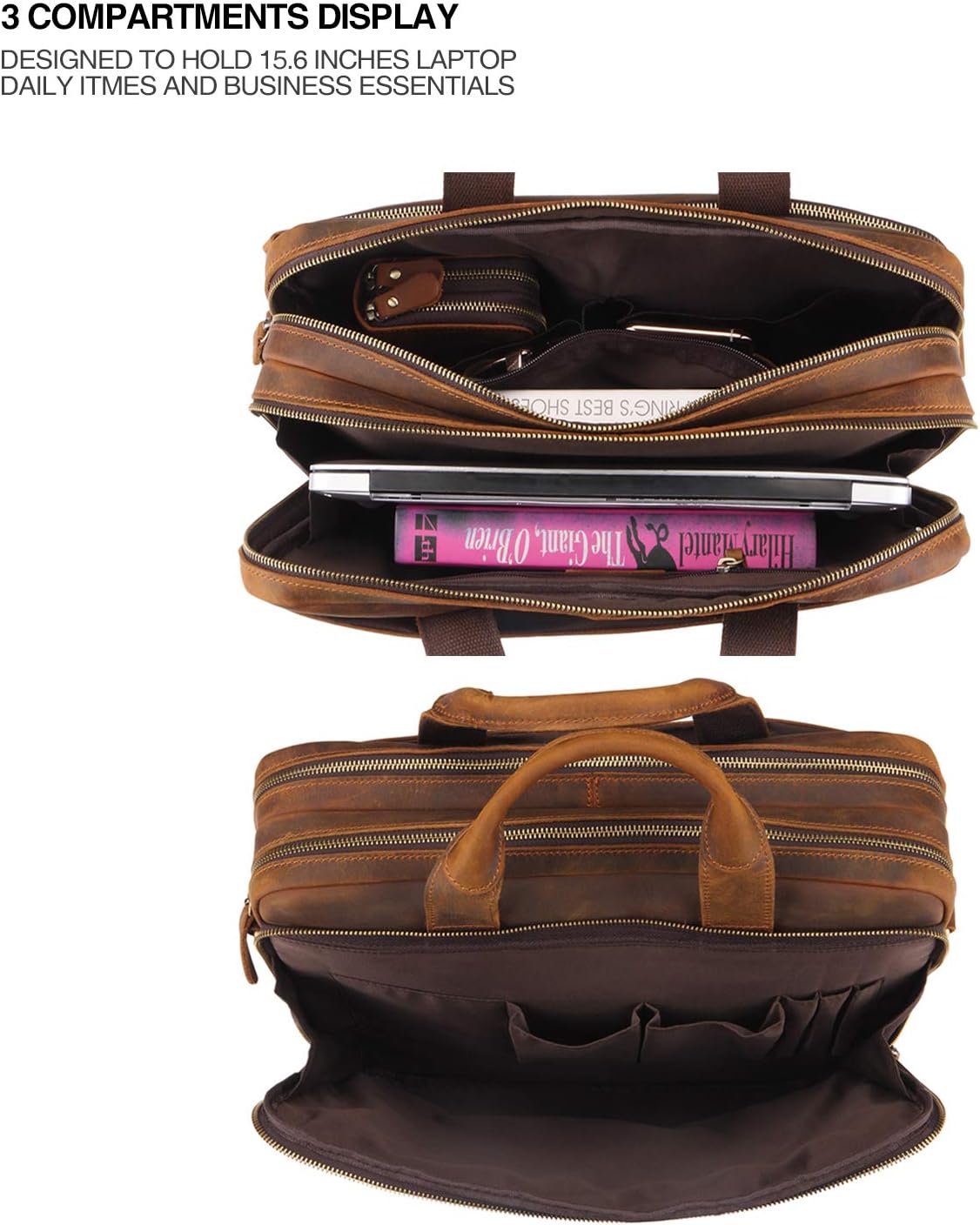 Jack&Chris Leather Briefcases For Men Shoulder Laptop Bag Leather Messenger Bag (BROWN)