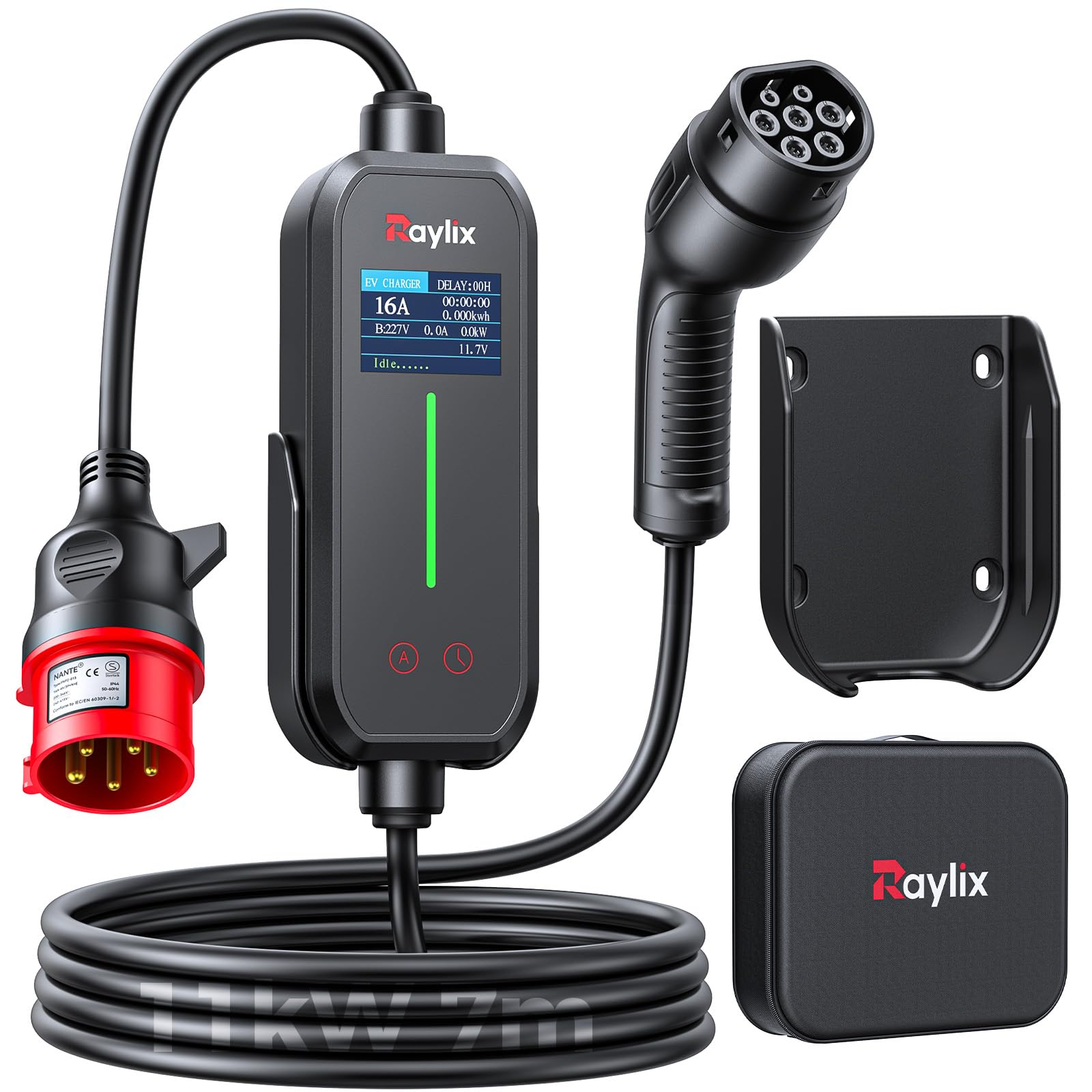Raylix 2026 Neu 11kW Mobile Wallbox Typ 2 Ladekabel (7m 8A-16A 3-Phasig) mit Stromzähler & Einstellbarem Strom & Verzögertem Laden, Ladekabel CEE 16A auf Typ 2 und Ladestation Ladeziegel EV Charger