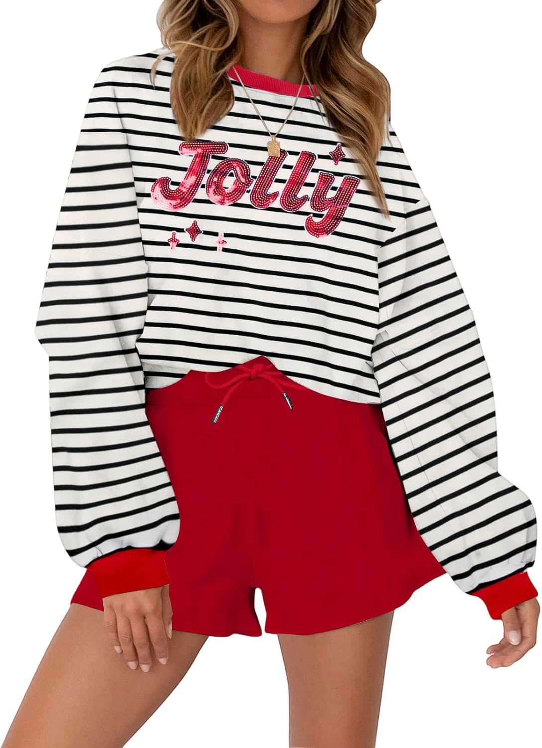 VILOVE Christmas Sweat Shorts Sets Women 2 Piece Merry Xmas Jolly Sequin Outfit Oversized Casual Holiday Lounge Matching Set