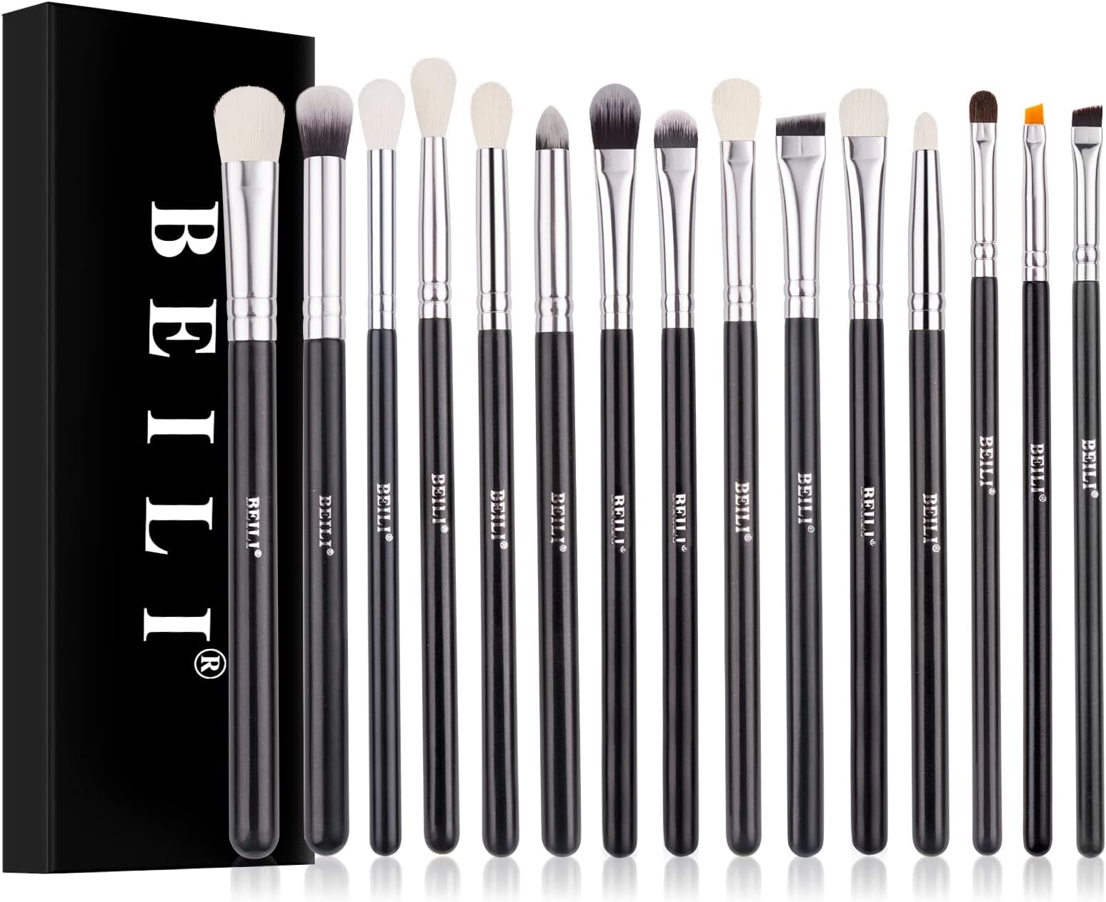 BEILI Professional Eye Makeup Brush Set,15 Pieces Synthetic and Natural Hair Eyeshadow Eyeliner Eyebrow Blending Concealer Make up Brushes (Black/Silver)