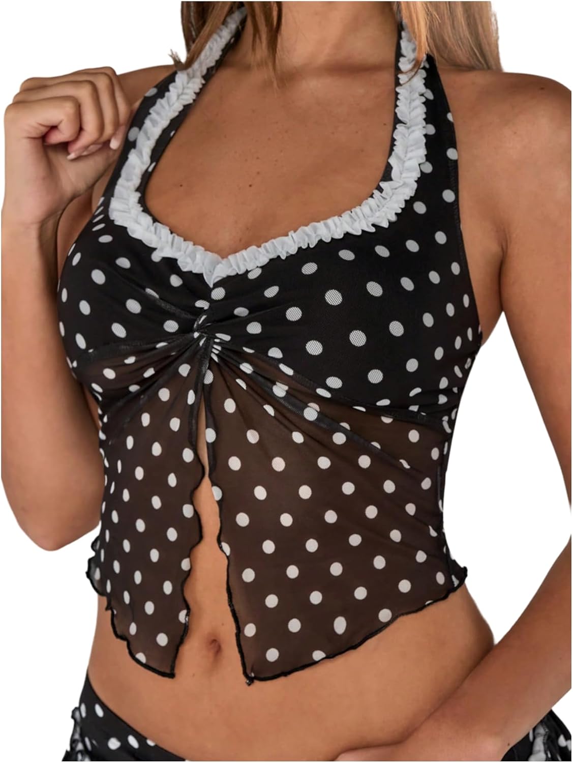 MakeMeChic Women's Polka Dots Halter Tops Y2k Twist Front Backless Ruffle Split Top
