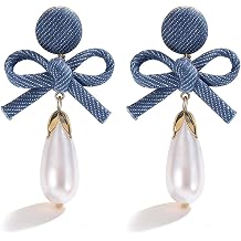 Denim Earrings Accessories Pearl Drop Bow Earrings Denim Shirt Dress Women Western Dress Country Concert Outfits Women