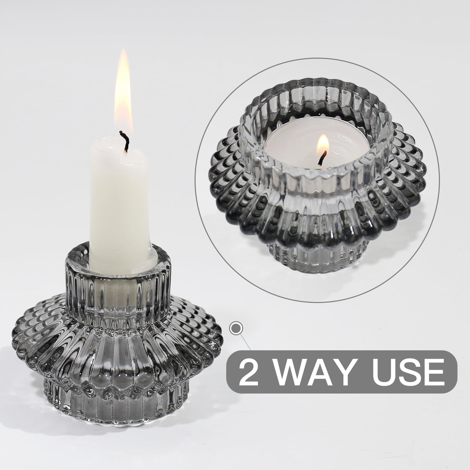 HofferRuffer Glass Candle Holders for Taper & Tealight Candles,Candlestick Holders 3pcs 2 in 1 for Dinner,Wedding Party,Christmas,Livingroom,Gifts Grey - Image 2