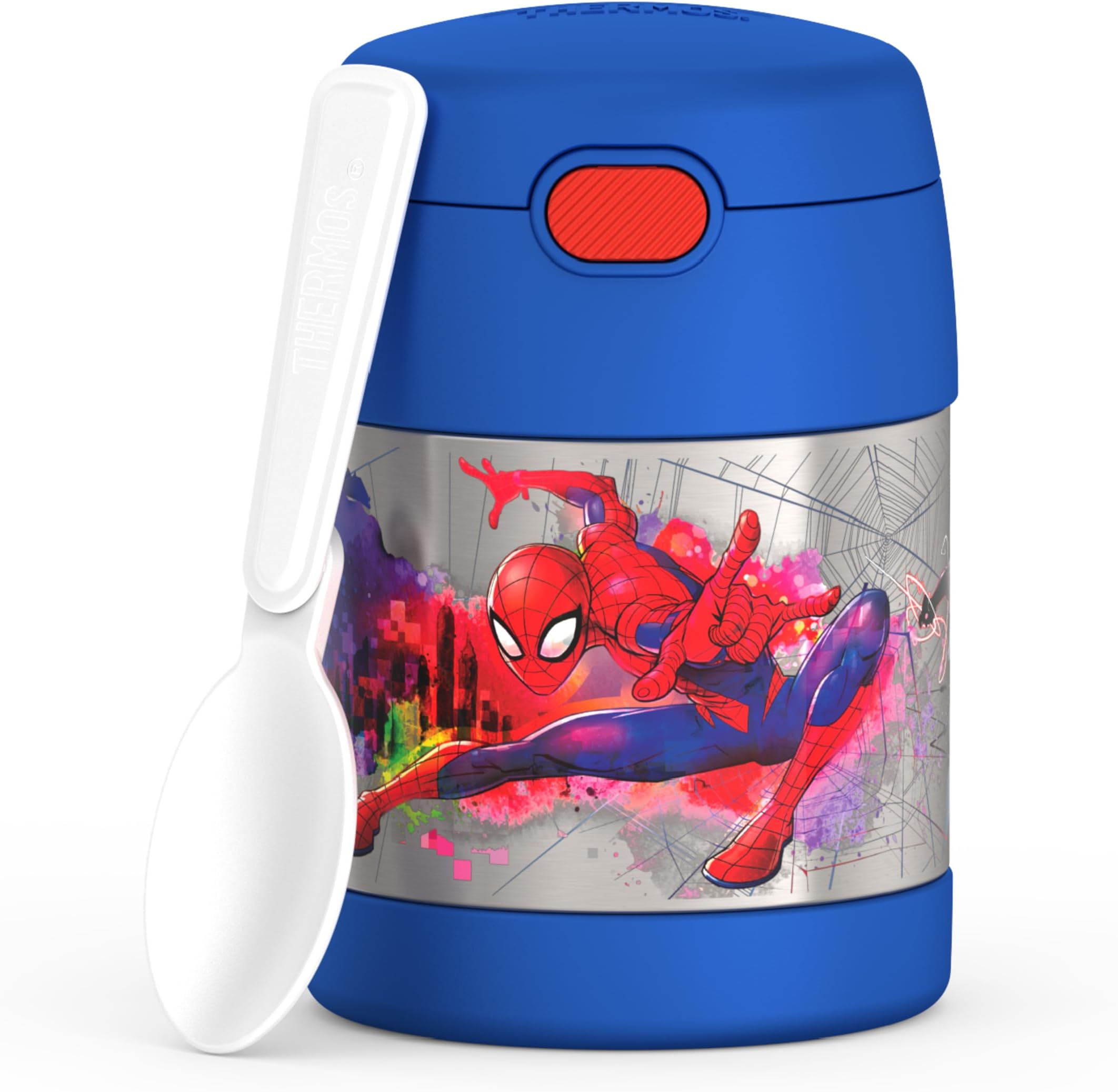 THERMOS FUNTAINER 10 Ounce Stainless Steel Vacuum Insulated Kids Food Jar with Spoon, Spider-Man