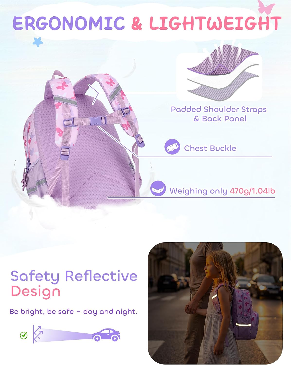Kasqo Kids Backpack for Girls, 15" H Bookbag with Insulated Pocket, Lightweight School Bag for Kindergarten 1st Grade Elementary Travel, Fits A4 Folder, Ages 5-8, Purple Butterfly