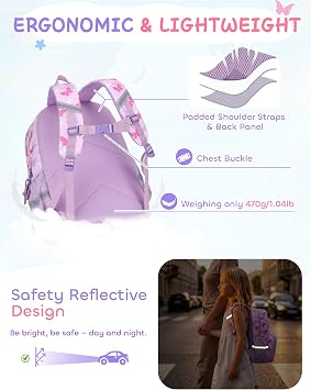 Kids Backpack for Girls, School Bag Ages 5-8, Purple Butterfly