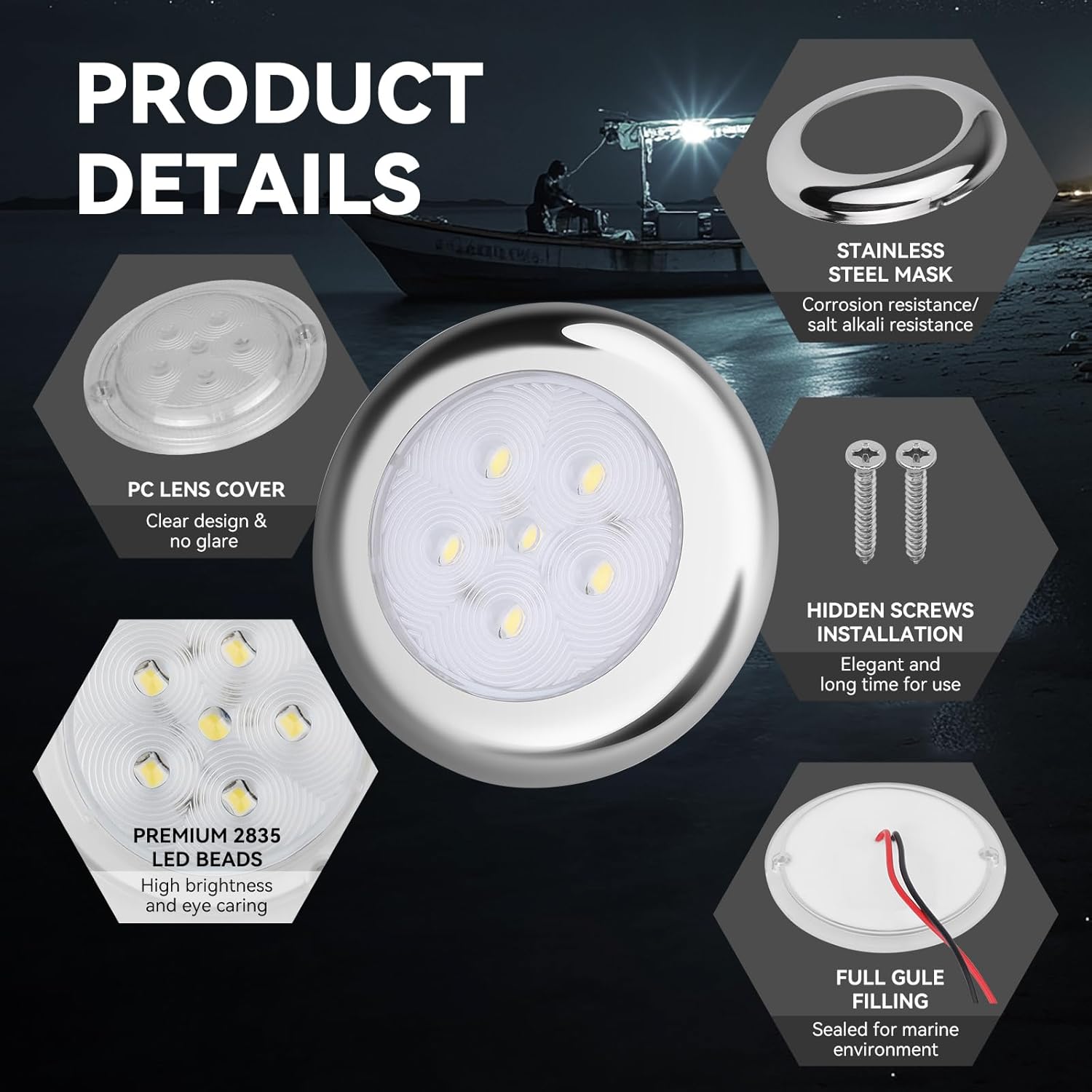 Boat Courtesy Lights, IP68 Waterproof Boat Interior Lights, Marine Navigation Stern Courtesy Night Fishing Lights, Stainless Steel Marine LED Lighting for Pontoon Bass Sailboat(4PCS White)