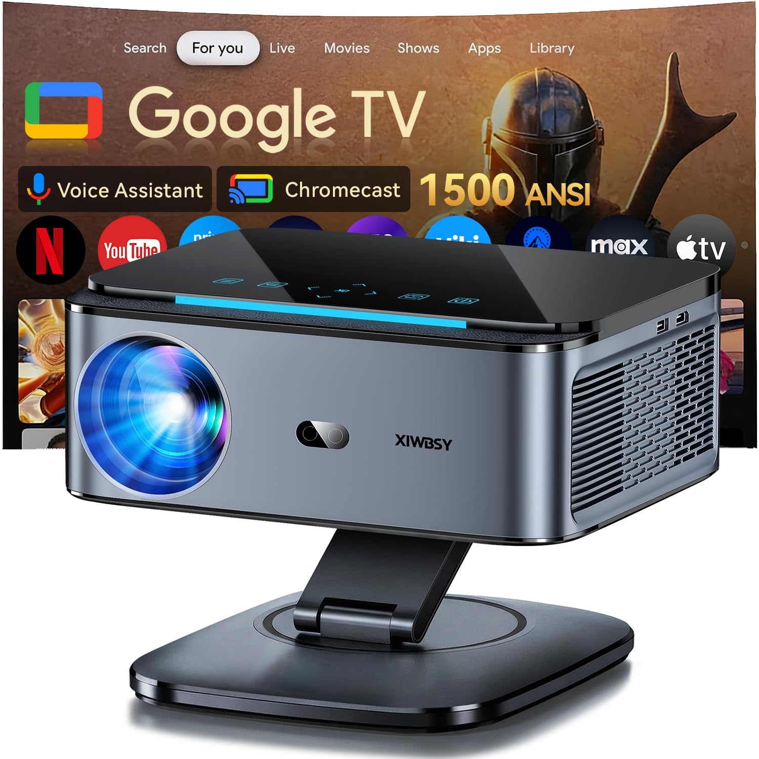 Proyector【1500 ANSI/Google TV/Auto Focus】 XIWBSY Proyector Portatil 38000 Lúmenes, Gira 360 °, WiFi 6 Bluetooth 5.3, Control por Voz, Soporte 4K 1080P, Proyectores Video Cine En Casa/Exterior
