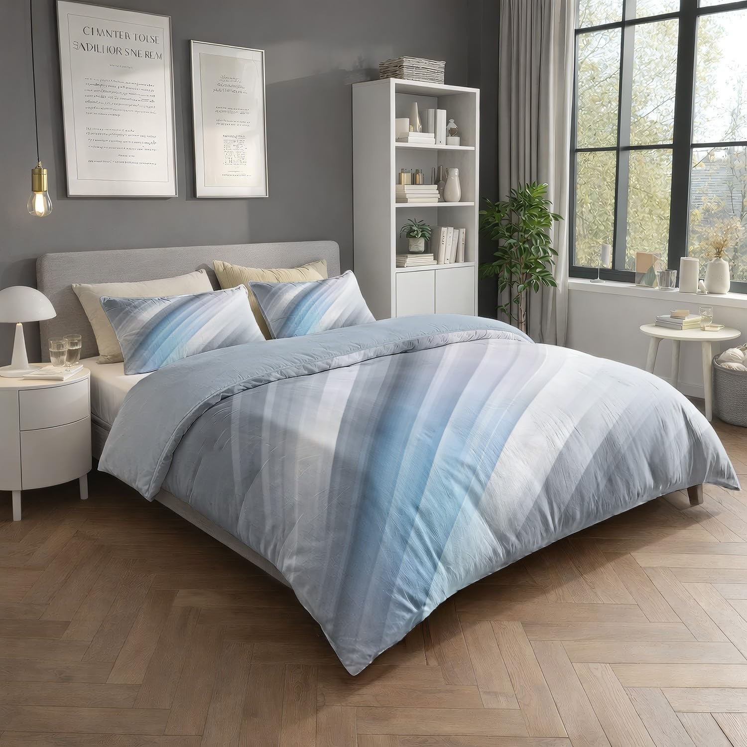 Generic Zestaw poszewek na kołdrę nowoczesne abstrakcyjne linie podwójne 200 x 200 cm, szaro-niebieski minimalistyczny zestaw pościeli 3-częściowy zestaw, miękka poszewka na kołdrę z mikrofibry dla
