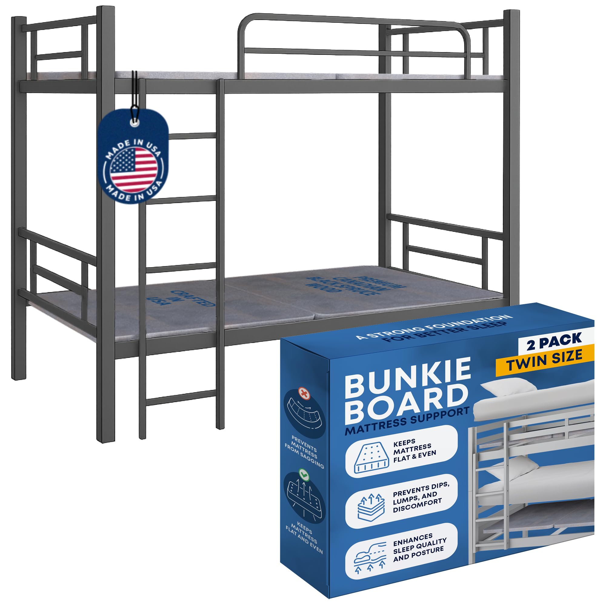 Greaton, Premium 38mm Split Wood Bunkie Board Twin Size Bed Frames - 2-Piece Under Mattress Support Board, Fully Assembled, Fabric Ventilation Cover -