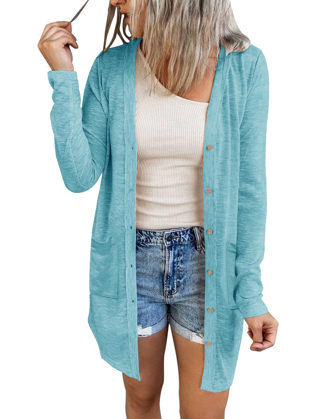 MEROKEETY Women's Open Front Lightweight Cardigan Long Sleeve Button Down Loose Outwear with Pockets