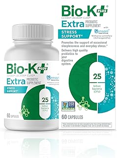 Bio K+ Extra Stress Support with Sensoril - Ashwagandha – Vegan Probiotics Supplement for Everyday Stress, Supports Sleep - 25 Billion CFU 3 Strains – 60 Capsules
