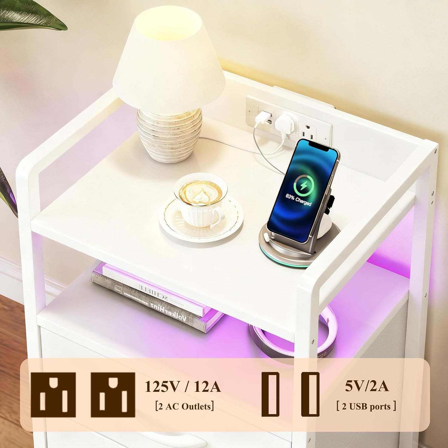 Night Stand with Charging Station, LED Nightstand with Storage 2 Shelfs & 2 Fabric Drawers, Morden End Table with U-S-B Ports & AC Outlets, White - Image 5