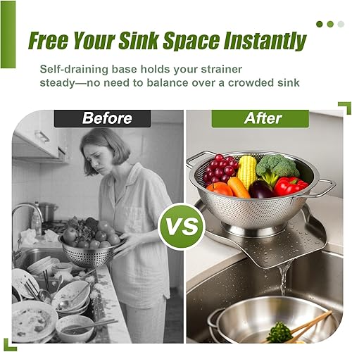 Miniatura 4 de Palksky Colador y colador autodescurridor de acero inoxidable para cocina, bandeja de drenaje de encimera de metal para pasta, arroz, fideos,