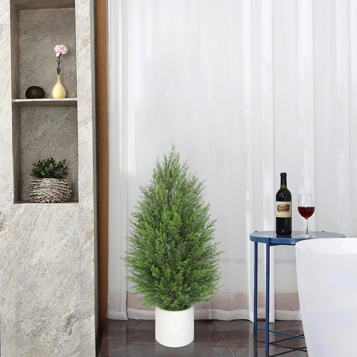 Hollyone 2 Stück Kunstpflanze Zypresse Pflanzen Kunststoff 90cm Künstliche Pflanze im Topf Konifere Künstlich Outdoor Kunstbaum für Haustür Haus Veranda Garten Dekoration