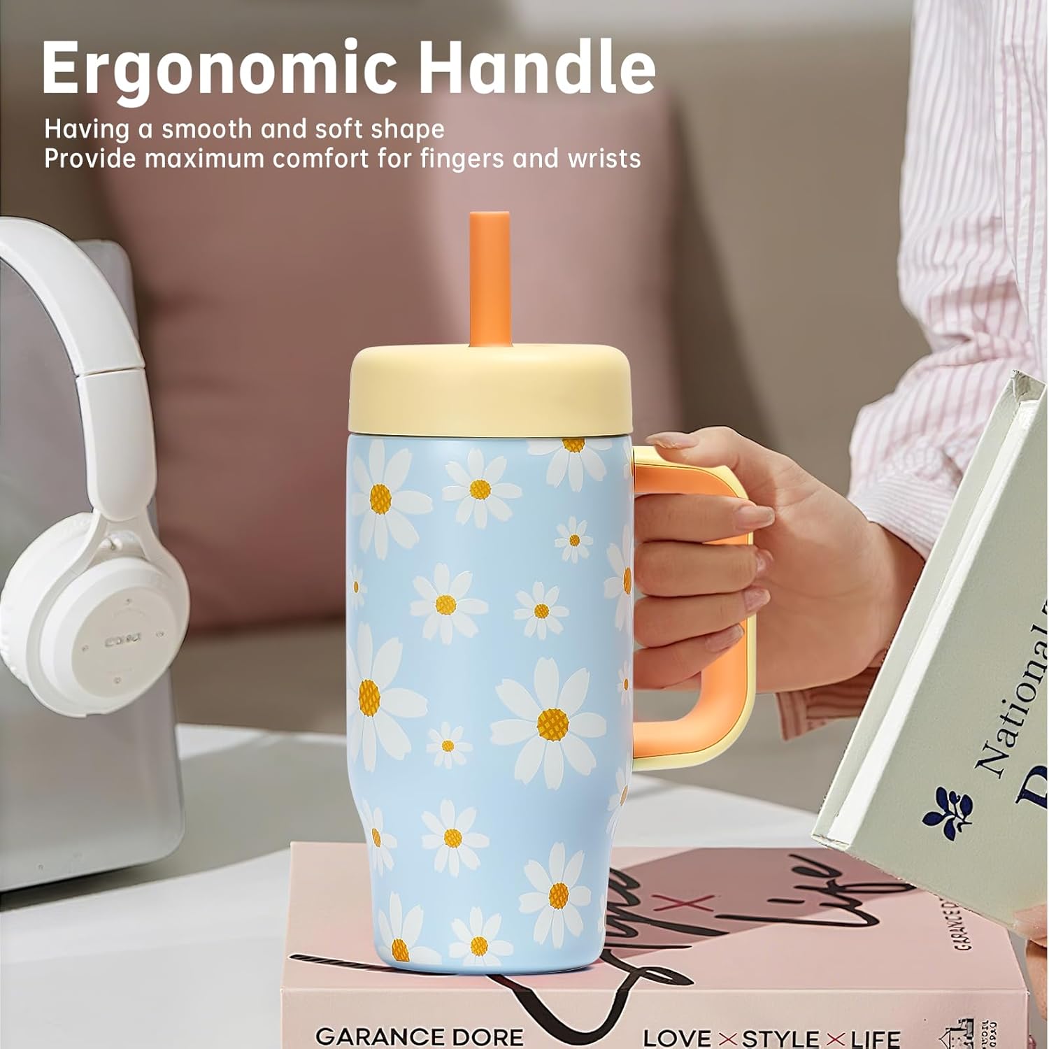 Stainless Steel Tumbler with Straw, Tumbler with Leak Proof, Reusable Double Walled Water Bottle, Thermo Coffee Travel Mug (Flower, 540ml) - Image 5