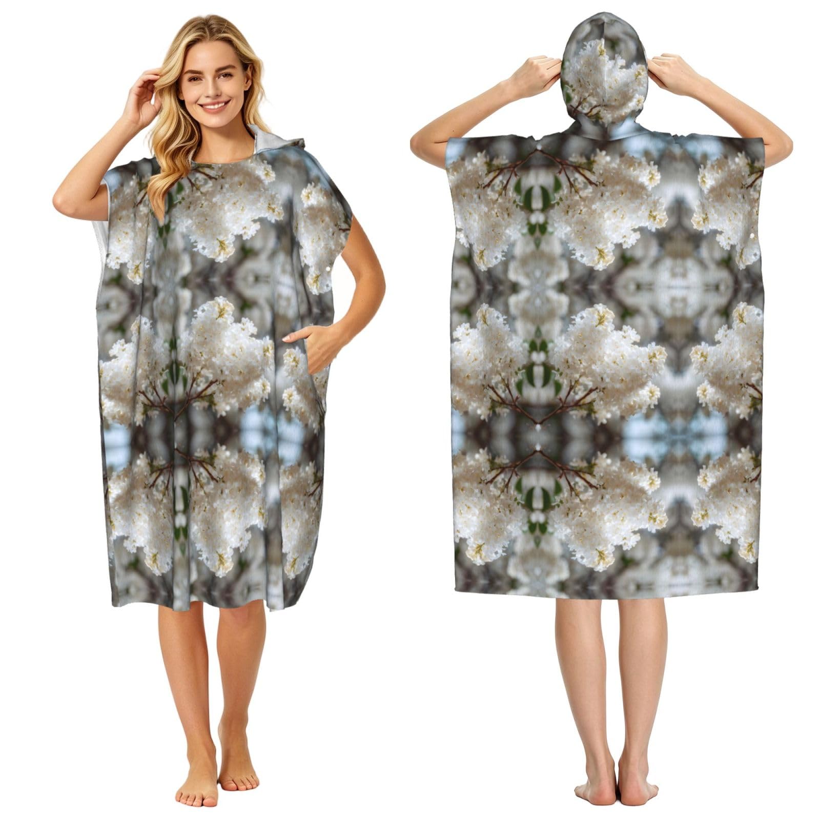 EZDLOWVBA White Lilac Clusters Print Hooded Poncho Microfiber Beach Towel,Adult Women & Men Changing Robe,Lightweight Summer Surf Swim Bath Poncho Towel