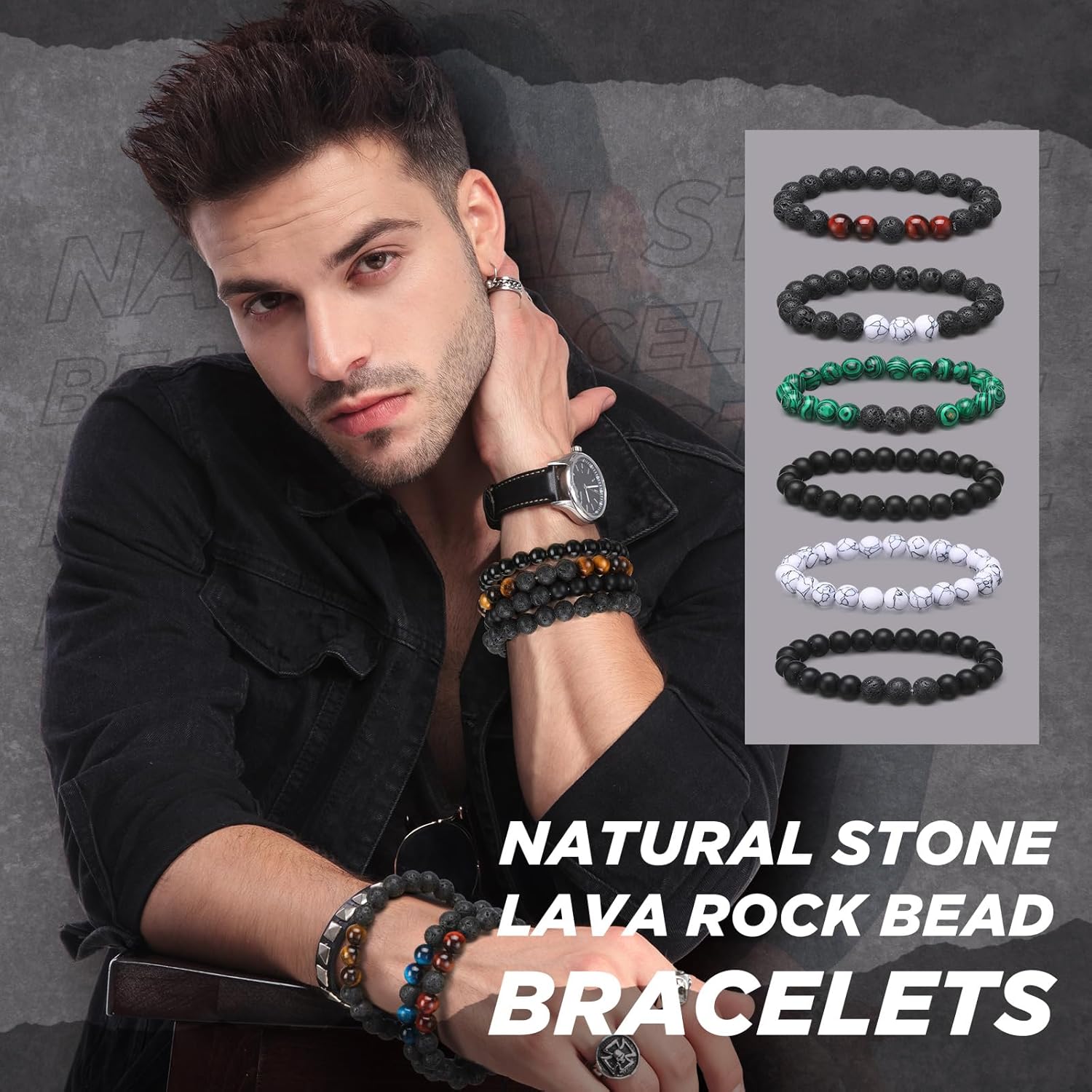 Landical 24 Pcs 8 mm Natural Stone Beads Bracelet Set Tiger Eye Men Stretch Lava Adjustable Onyx Matte Beads Essential Oil Diffuser Bracelet for Men Women Jewelry Gifts - Image 6