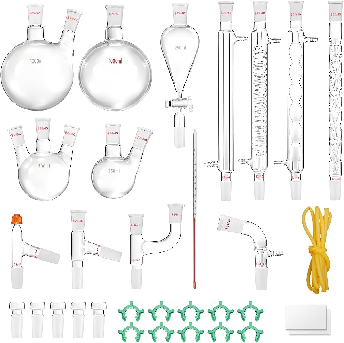 Kit de destilación de laboratorio, kit de cristalería de laboratorio de 32 piezas con 24, 40 juntas, kit de aparatos de destilación de aceites esenciales de 1000 ml para destilaciones, separación, purificación