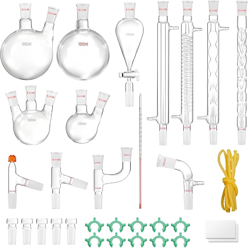 Kit de destilación de laboratorio, kit de cristalería de laboratorio de 32 piezas con 24, 40 juntas, kit de aparatos de destilación de aceites esenciales de 1000 ml para destilaciones, separación, purificación