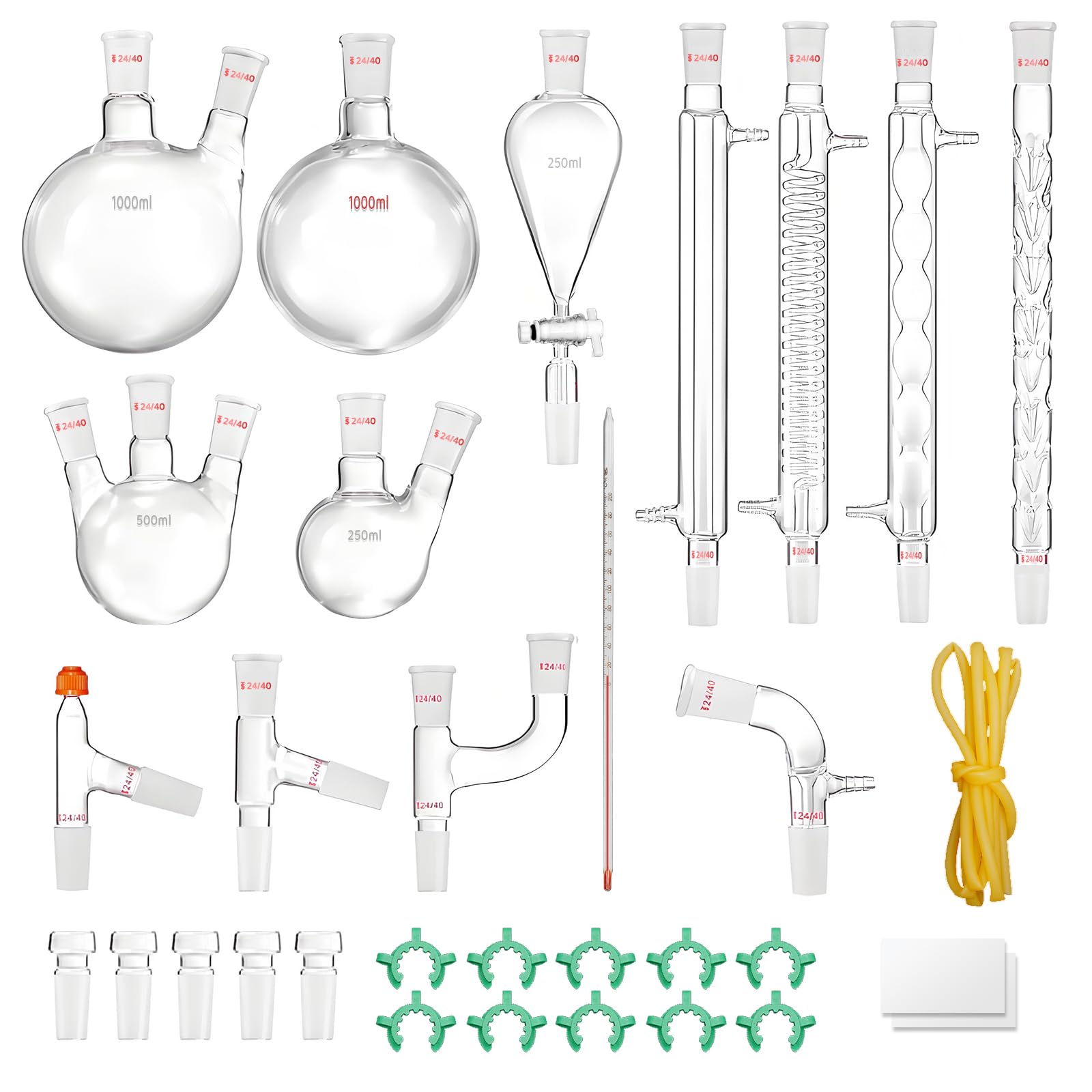 New Laboratory Glassware 24/40 Chemistry Glassware 32PCS Chemistry Lab Glassware Kit 250 1000ml for Distillations Separation Purification Synthe(24/40, 32PCS)
