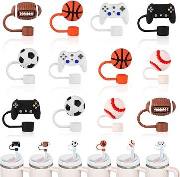 12 Pcs Baseball Cute Straw Cover Caps Compatible with Stanley | Silicone Reusable Straw Toppers for 30/40 Oz Tumblers, 10mm Accessories for Smoothies & Iced Drinks