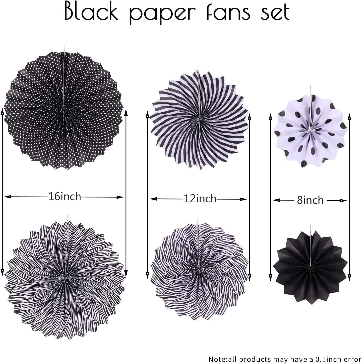 6 Pcs Black Round Paper Fans Hanging Party Decoration Fan