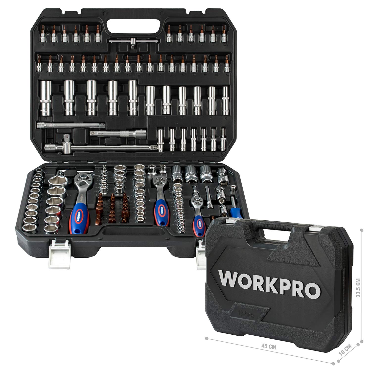 WORKPRO Set di Chiavi a Bussola e Cricchetto 1/4"+ 3/8"+ 1/2" 172 Pezzi, Bussola Metrica Cr-V con Chiavie a Cricchetto a Sgancio Rapido a 72 Denti, Utile per Riparazioni Auto, Profi, Meccanico