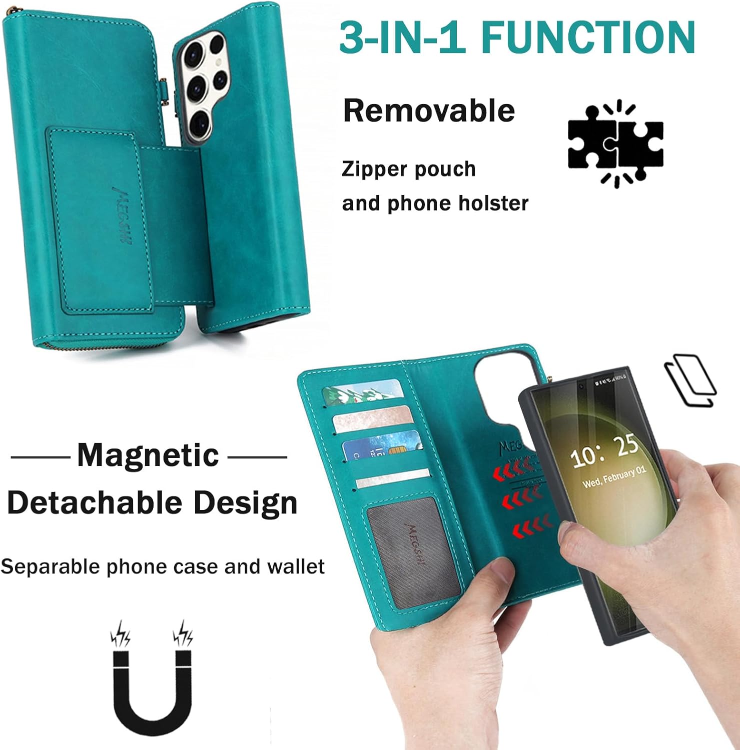 for Samsung Galaxy S25 Ultra Wallet Case,Multi-Function Wallet Case, Detachable 3 in 1 Magnetic Galaxy S25 Ultra Case Wallet,Flip Strap Zipper Card Holder Phone Case with Shoulder Straps(Blue) - Image 4