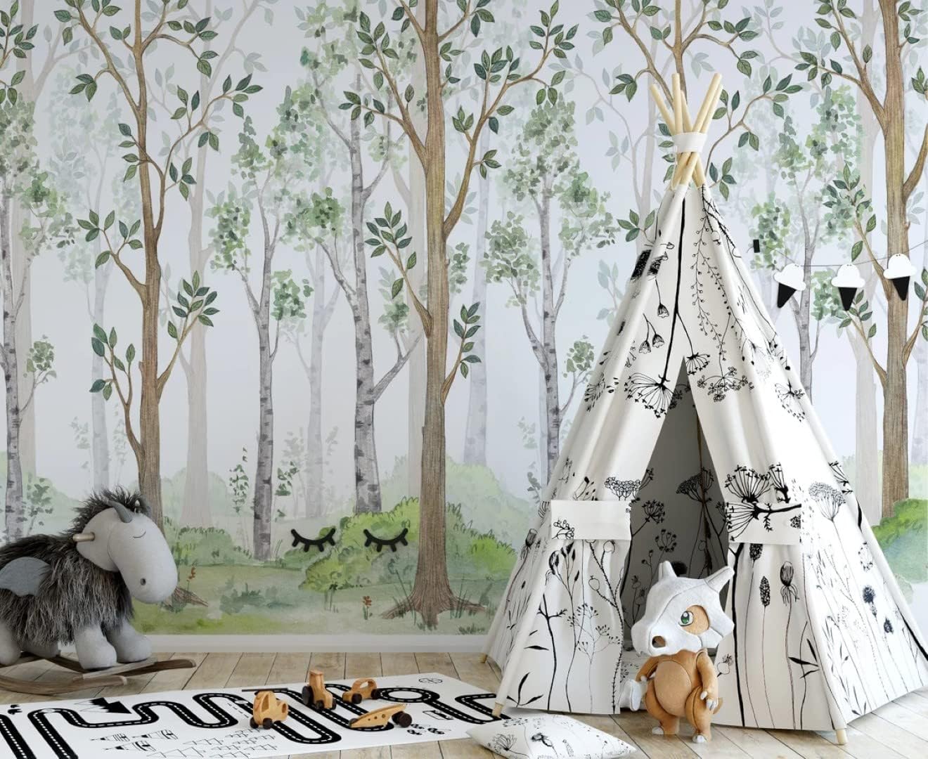 Watercolor Illustration Fairy Forest Children's Interior Peel and Stick Wallpaper Wall Removable 100''H x 150''W