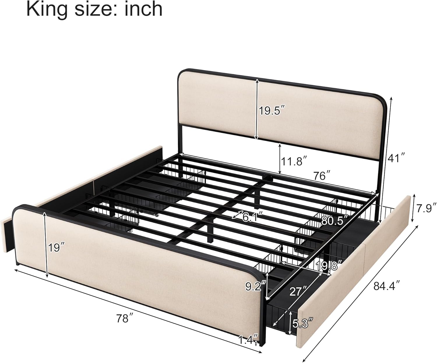 Harper & Bright Designs King Size Metal Platform Bed Frame with Curved Upholstered Headboard and Footboard, Modern Bed Frame with 4 Storages Drawers, Heavy Duty Metal Slats, Beige