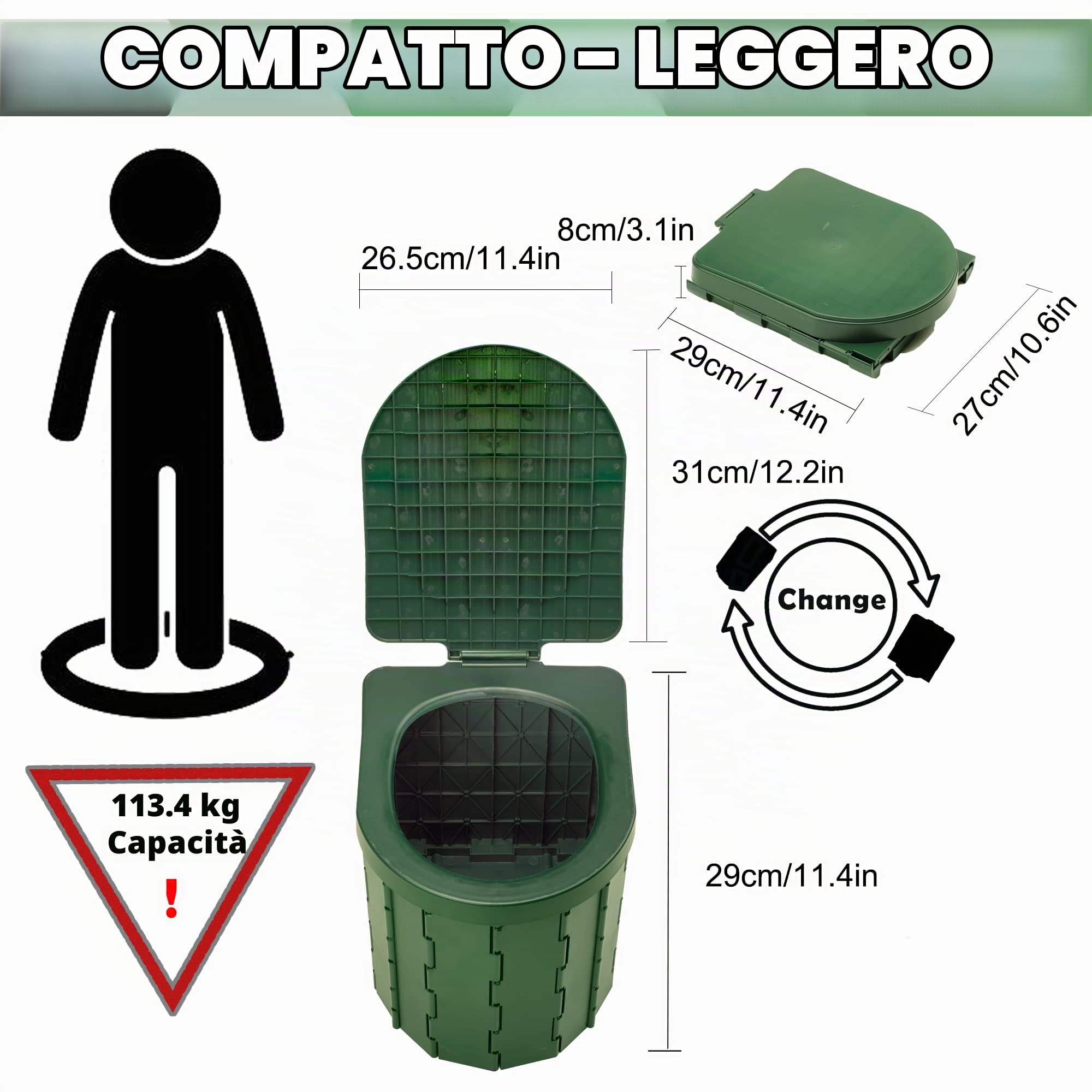 KINSPORY Toilette Portatile, WC Portatile, WC Portatile per Campeggio | WC Camper, Camping Toilette (Verde con coperchio)