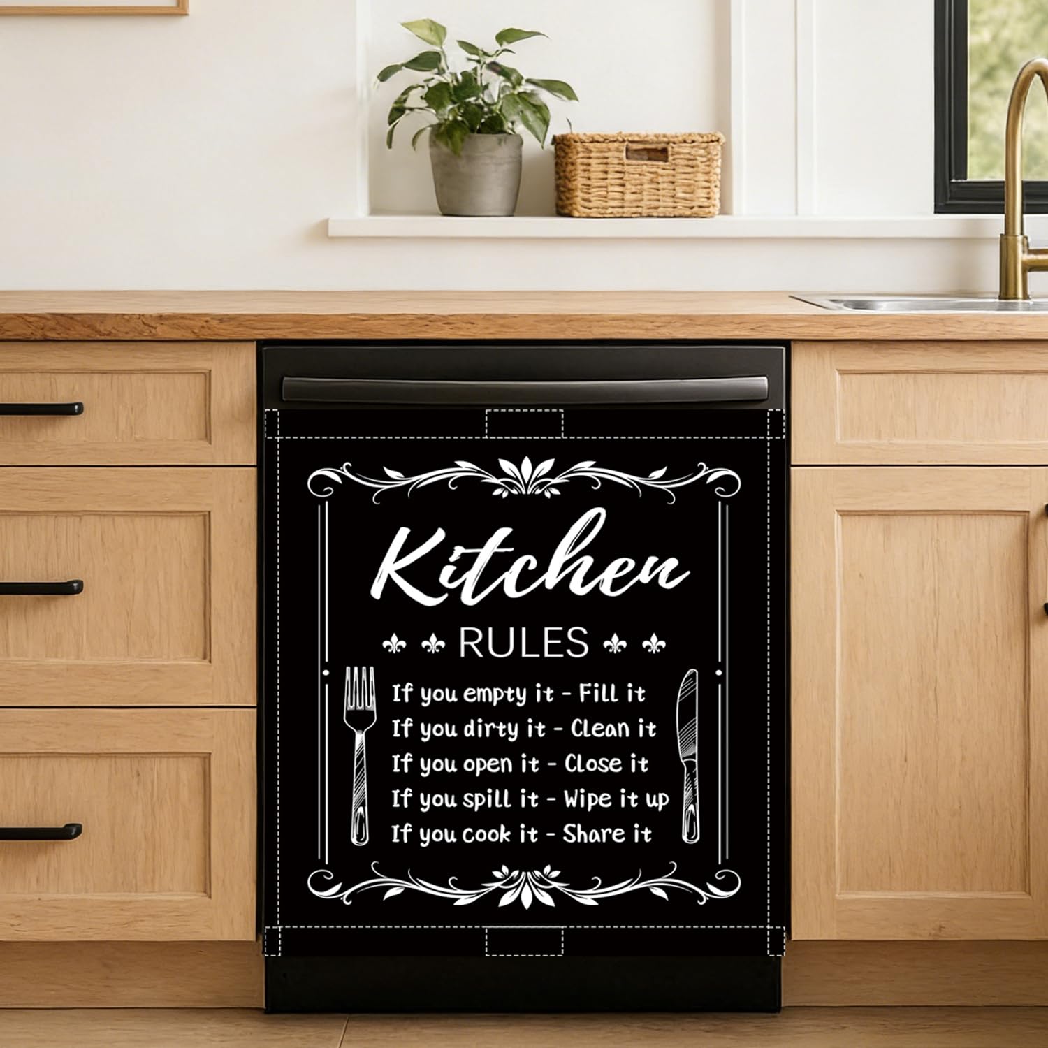 Funny Kitchen Rules Dishwasher Magnetic Cover for Front Door,Black Kitchen Rules Refrigerator Magnet Retro Flower Sticker,Spring Dishwasher Panel Decals for Appliance Decor Kitchen Refrigerator Cover