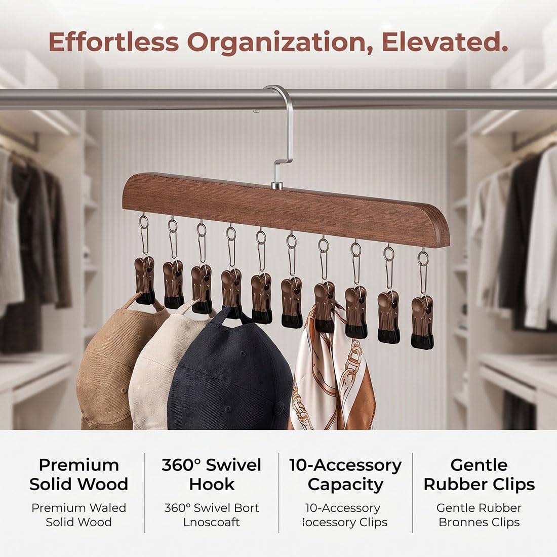 Pure Wood Rotating Closet Organizer - Vertical Space Saver & Wrinkle-Free Storage Solution, 2026 Hanging Closet Organizer with 12 Clips, Legging Hangers for Closet Organizer, Storage (1PCS-Brown)