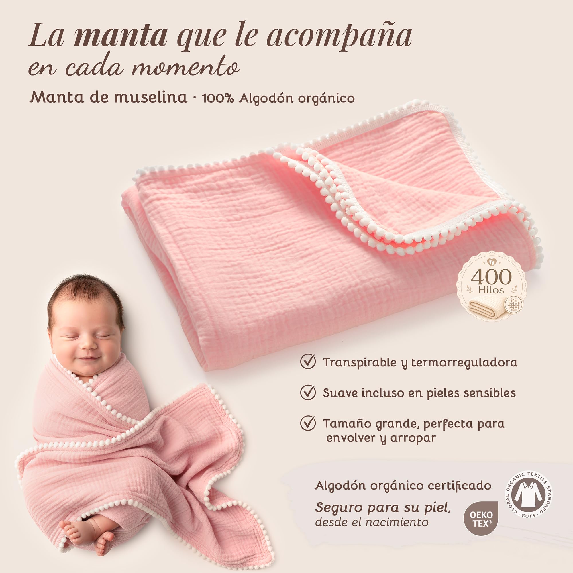 Babykorb für Neugeborene, Babykorb für Neugeborene, Jungen und Mädchen, Geschenke für Erstlingsmütter, originelle Schwangerschaftsgeschenke, Musselin-Decke, Doudou Baby (Pastellrosa)