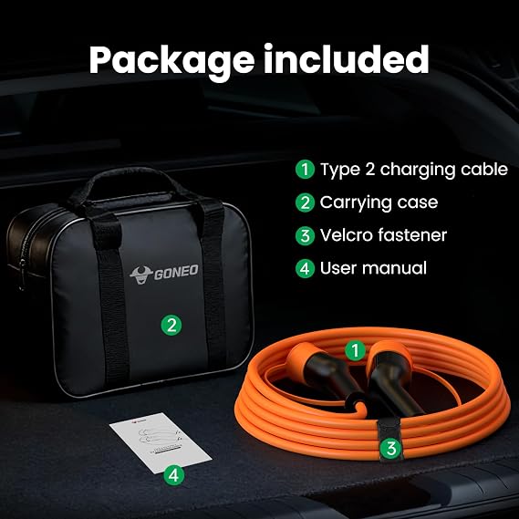 GONEO Type 2 Charging Cable 11kW 10M Electric Vehicle Charging Cable 16A 3 Phase Mode 3 IP54 and UL94 V-0 Protection Silver-plated Contacts Halogen-free with Carrying Bag