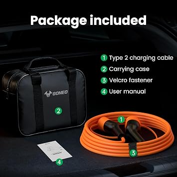 GONEO Type 2 Charging Cable 11kW 10M Electric Vehicle Charging Cable 16A 3 Phase Mode 3 IP54 and UL94 V-0 Protection Silver-plated Contacts Halogen-free with Carrying Bag