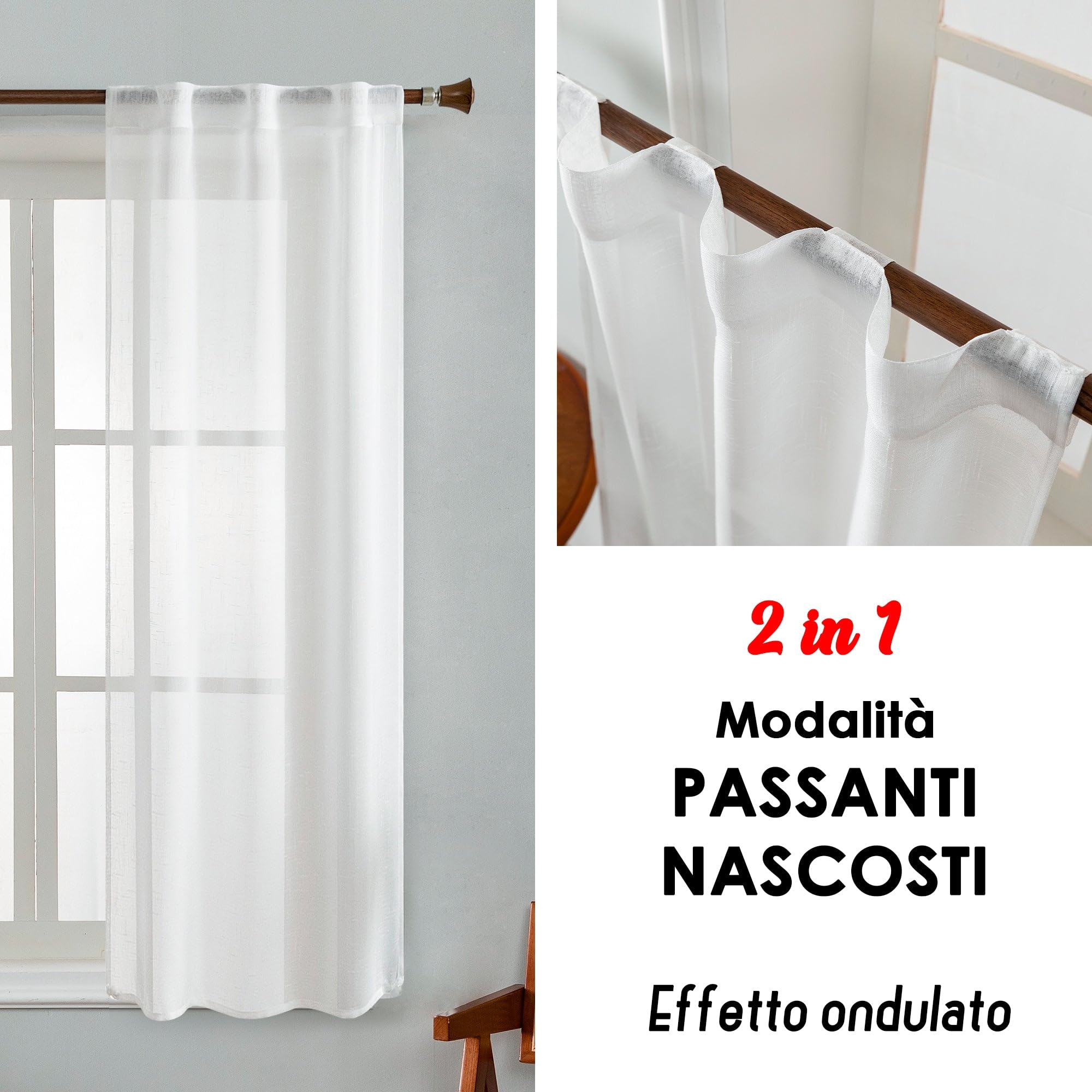 GIRASOLE HOME Coppia Tende Haiti Filtranti Simil Lino con Trama a Croci 2 Pannelli con Tasca e Passanti Nascosti (Bianco, 70x130cm)