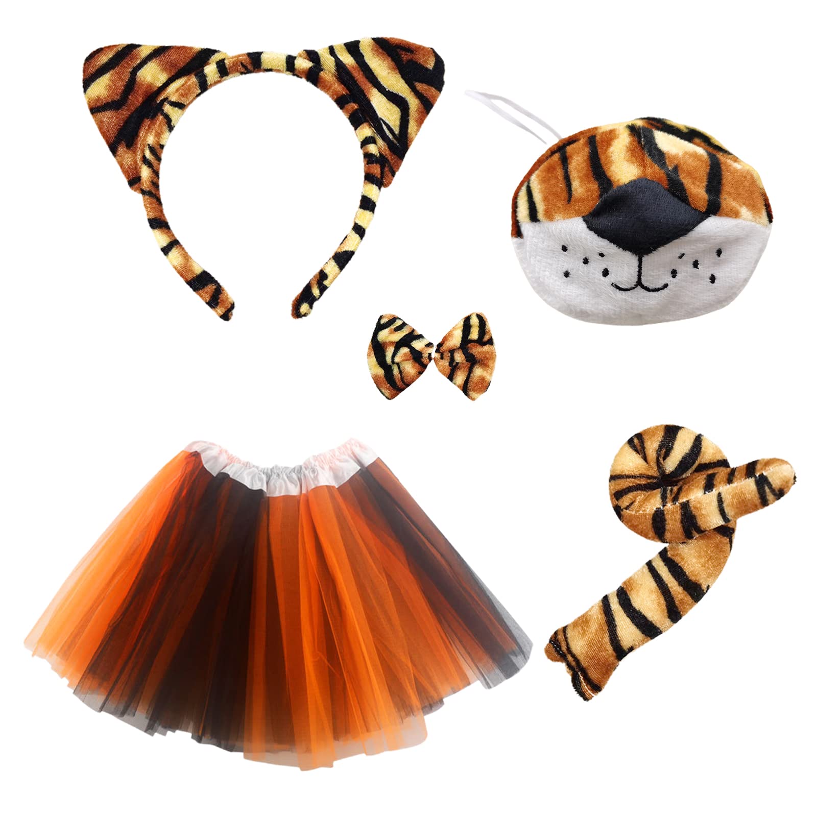 5 Pieces Tiger Costume Set,Tail Bow Tie Headband Nose Tutu Skirt Set,Animal Costume Set,Fancy Dress,for Adults Kids Dress Up Halloween Stage Performance Carnival Cosplay Party