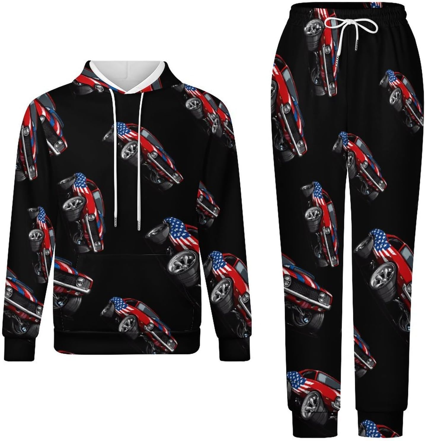 Muscle Car with Am-erican Flag 2 Piece Sweatsuits for Men Women Casual Tracksuits Jogging Suits