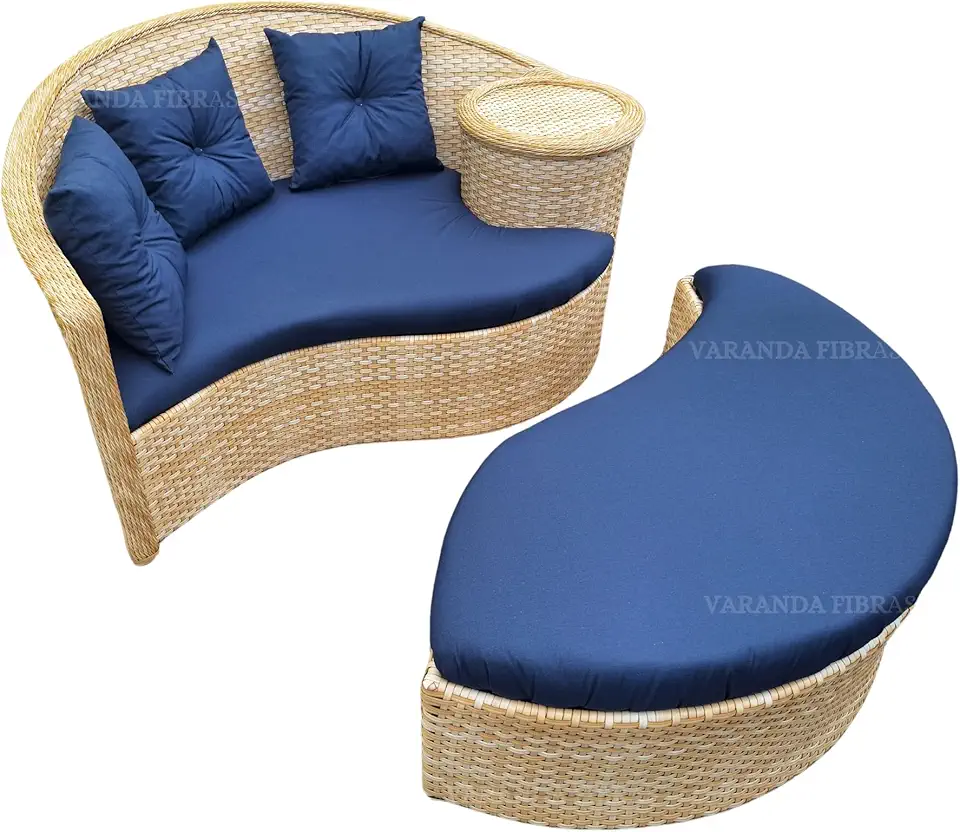 Varanda Fibras Poltrona Dupla Dubai - Cadeira Dupla com Estampa Sólida Azul Escuro e Cor Palha