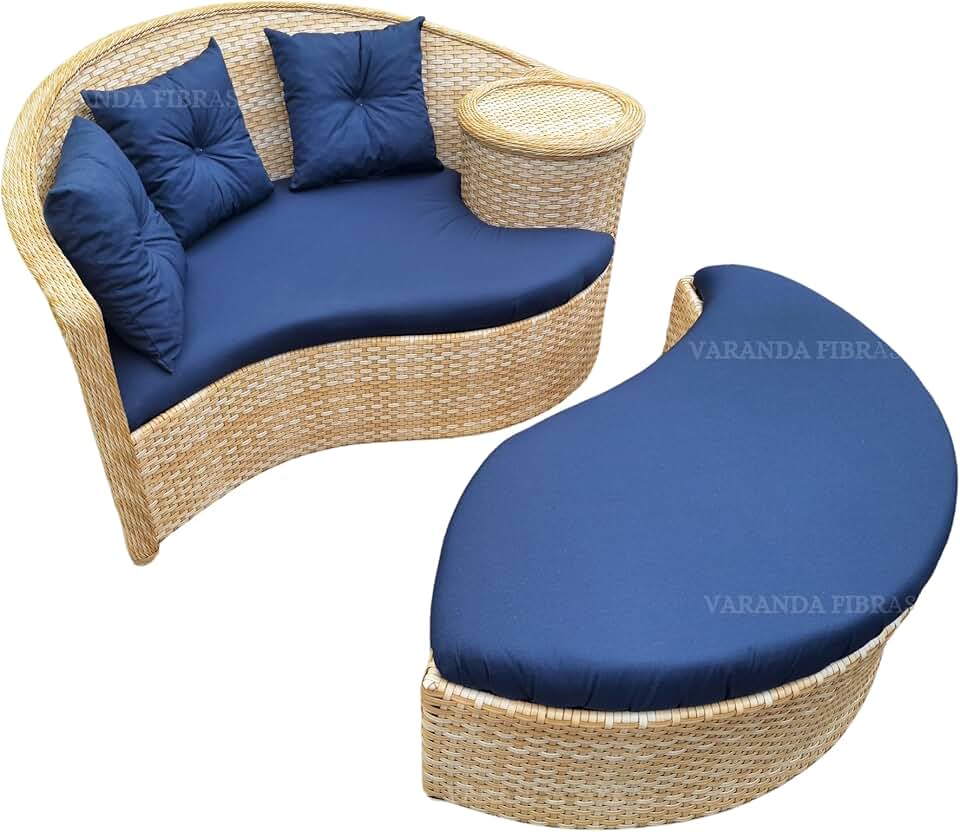 Varanda Fibras Poltrona Dupla Dubai - Cadeira Dupla com Estampa Sólida Azul Escuro e Cor Palha