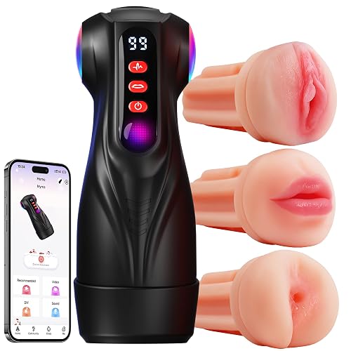 Uoffile Male Masturbator Sex Toys for Men - 3 Sleeves Pocket Pussy Penis Pump with 9 Sucking & 9 Vibrating, APP Control Mens Sex Toy Adult Toys, Colorful Lighting Stroker Blowjob Sex Machine Novelties