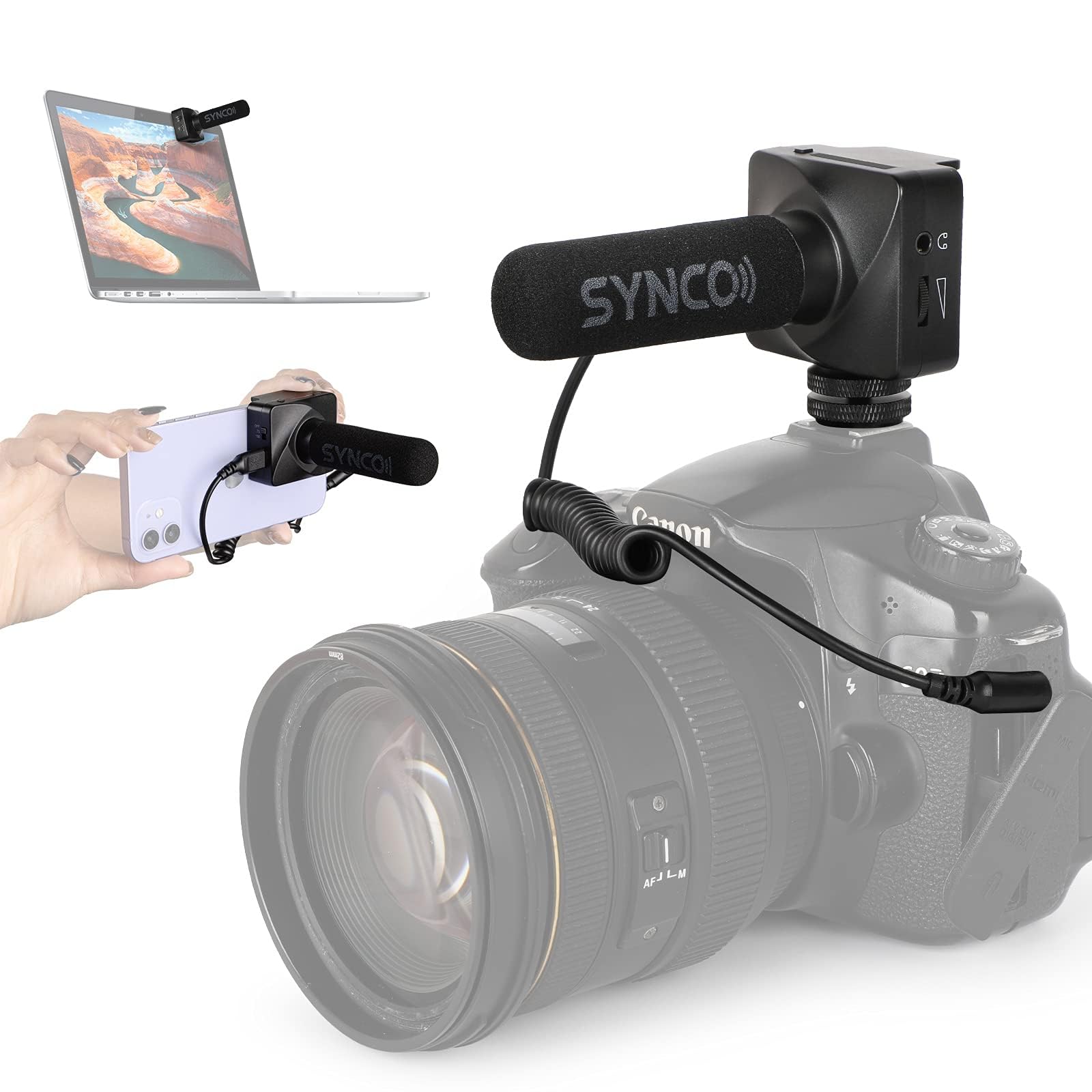 SYNCO Microfono direzionale per smartphone, microfono direzionale DSLR, 3,5 mm TRS/TRRS, Gain-Control, 75/150Hz Low Cut, monitoraggio audio, piastra magnetica per cellulare, fotocamera Canon, Nikon