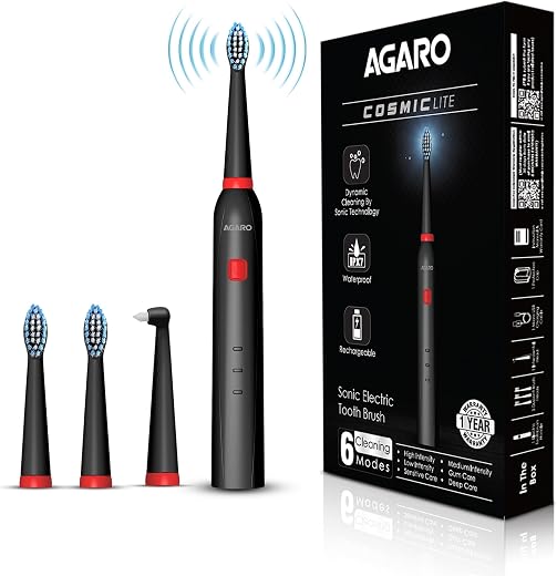 AGARO COSMIC Lite Sonic Electric Toothbrush for Adults with 6 Modes, 3 Brush Heads, 1 Interdental Head and Rechargeable wi...