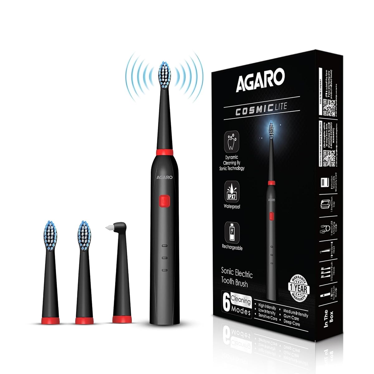 AGARO COSMIC Lite Sonic Electric Toothbrush for Adults with 6 Modes, 3 Brush